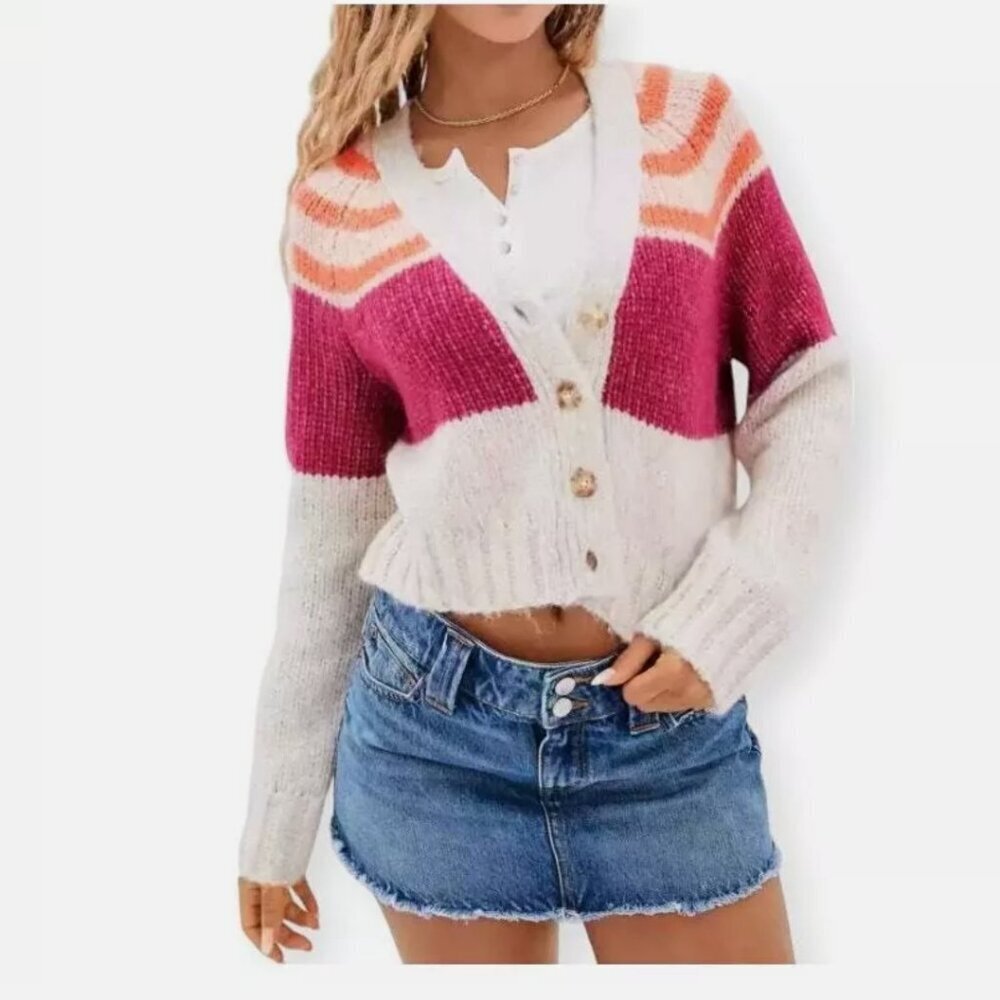 American Eagle Wool Blend  Striped Cardigan Cropped Front Long Sleeve  M NWOT